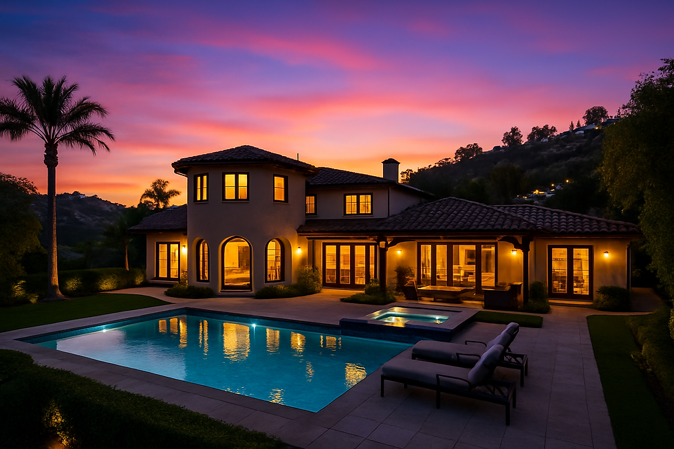 Twilight photo of a Mediterranean-style luxury home with a pool in the Los Angeles hills, showcasing premium visuals for luxury real estate marketing in Los Angeles.