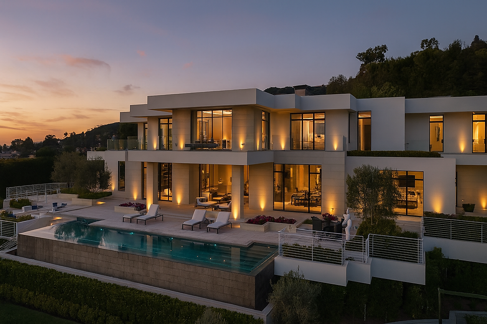 Modern Beverly Hills mansion at sunset featuring floor-to-ceiling windows, infinity pool, and warm architectural lighting—formerly the site of Cary Grant's estate