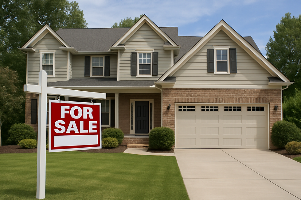 two-story house with a “For Sale” sign in the yard, representing a residential property listing in a real estate market.