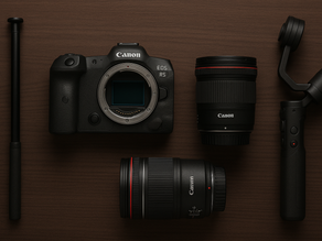 top real estate photography gear including Canon EOS R5 camera, Canon lens, DJI gimbal, and monopod