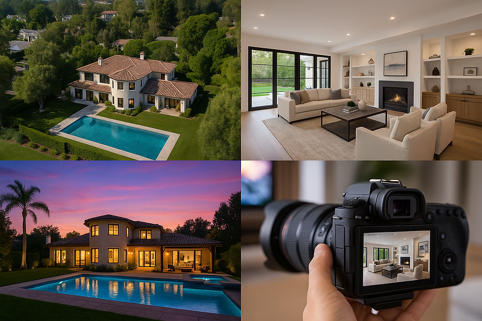 A collage of luxury real estate media including aerial drone photography, interior staging, twilight exterior shots, and professional camera work, showcasing top-tier luxury real estate marketing in Los Angeles.