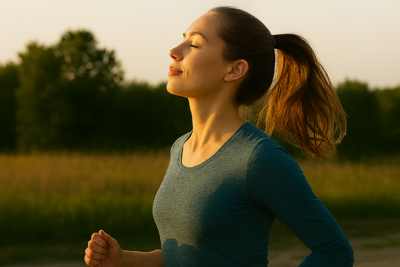 Young woman jogging outdoors at sunrise, practicing healthy habits during early recovery after rehab.