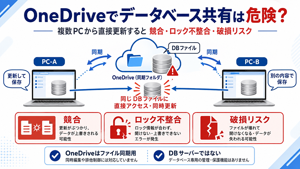 OneDriveでデータベースを共有するのは危険?複数PCからの同時更新を避けるべき理由