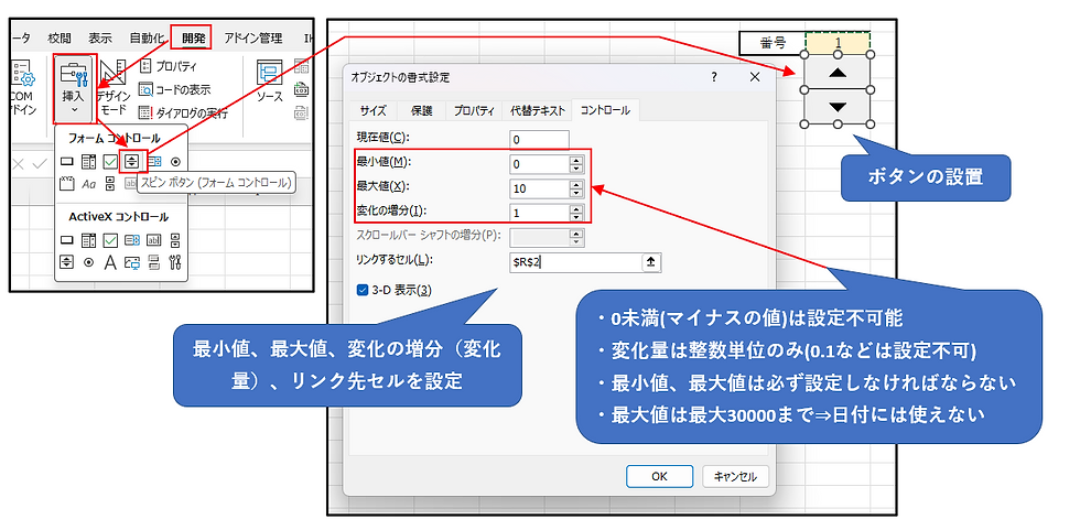 通常のスピンボタンの設置方法