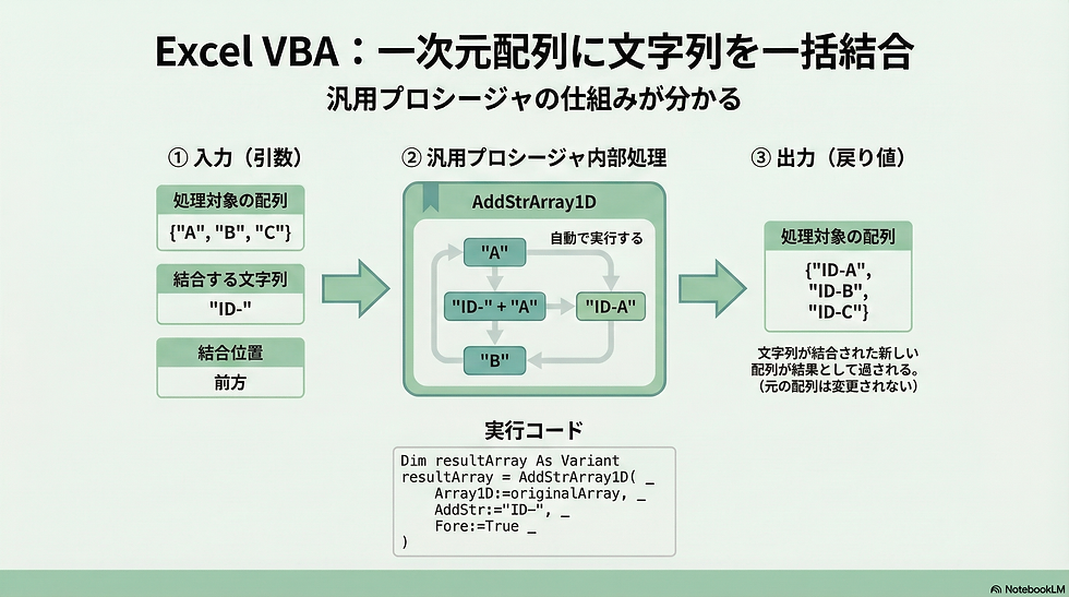 一次元配列の各要素に指定の文字列を結合する(Excel VBA)