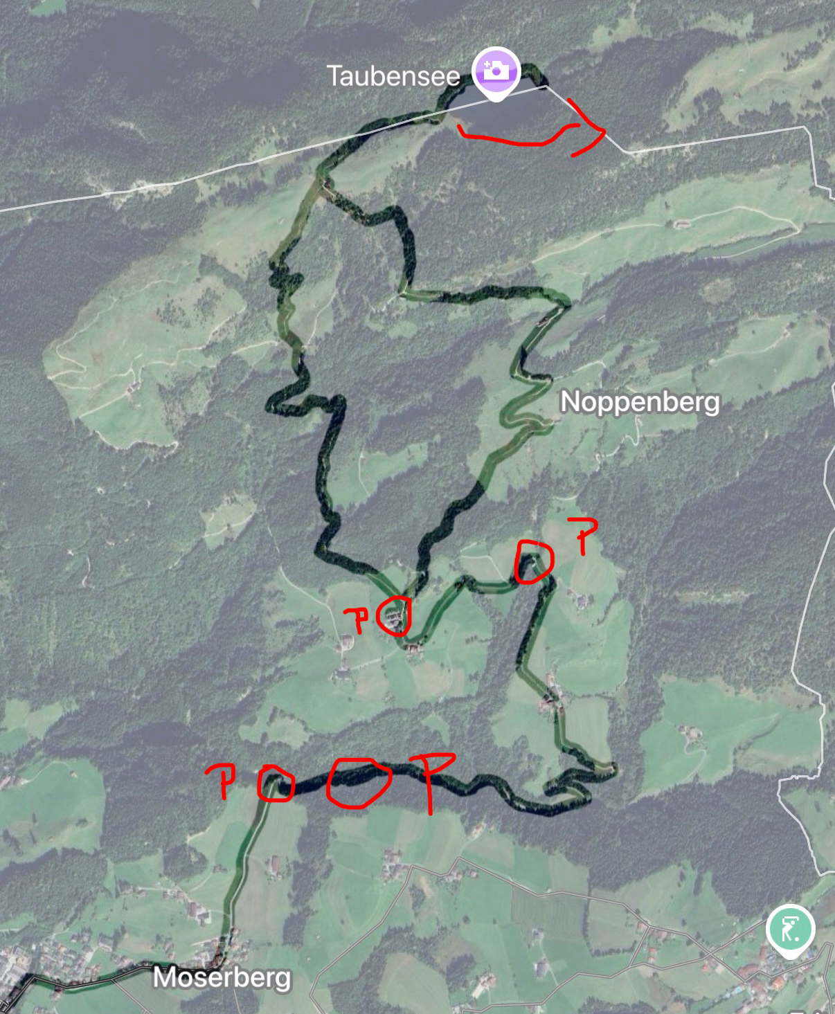 Wanderroute am Taubensee mit eingezeichneten Parkmöglichkeiten