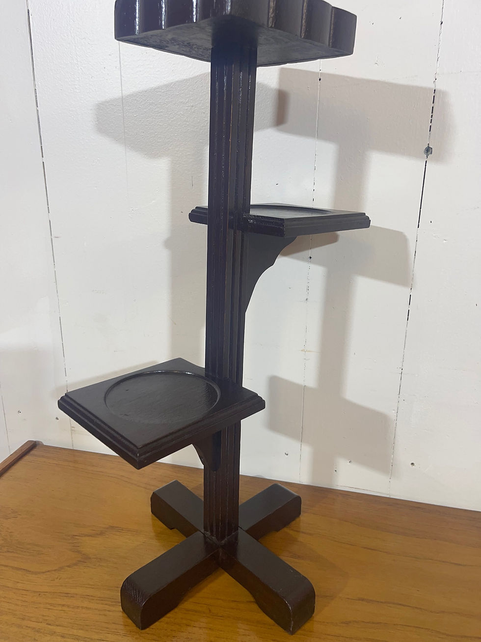 Thumbnail: handmade, art deco plant stand in solid pine with a painted finish, holds three plants, decorative
