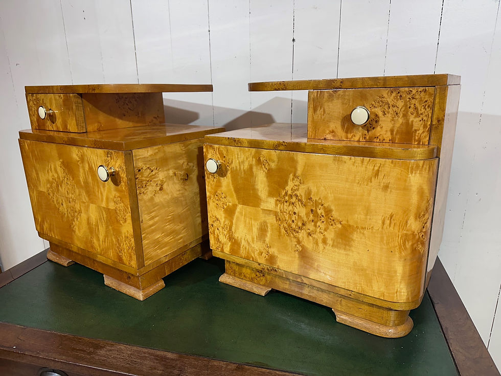 1950's pine and walnut burr veneer bedside cabinets, stylish, home decor, interior design , elevate your room,