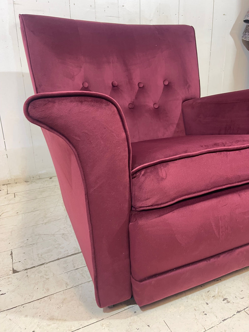 Thumbnail: matching pair of 1950's comfortable lounge chairs, button detail, burgundy velvet
