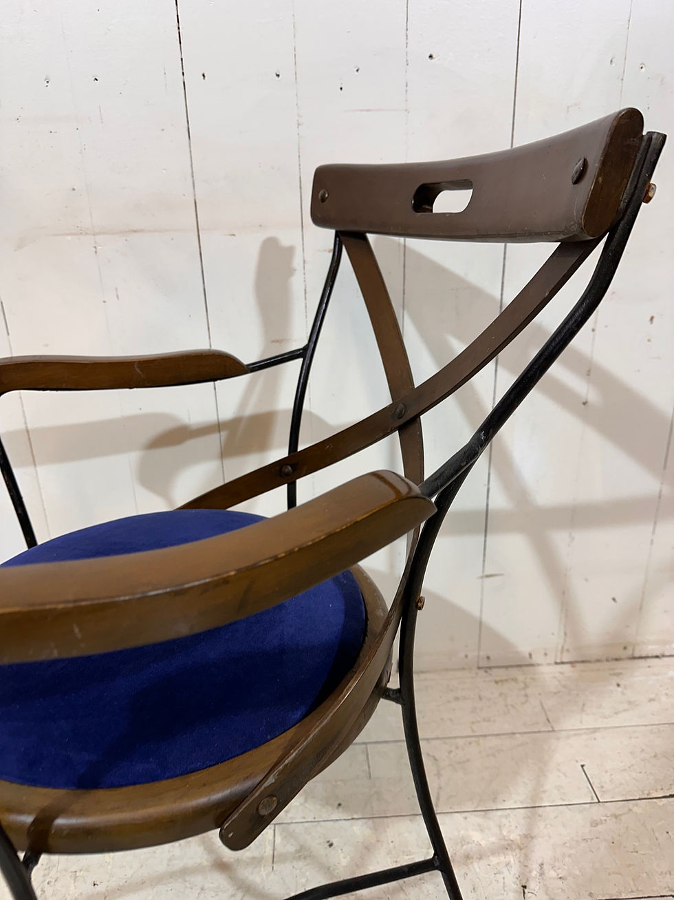 Thumbnail: retro bistro chairs with wire steel frames, blue velvet seat pads, aged patina, dining chairs, kitchen chairs