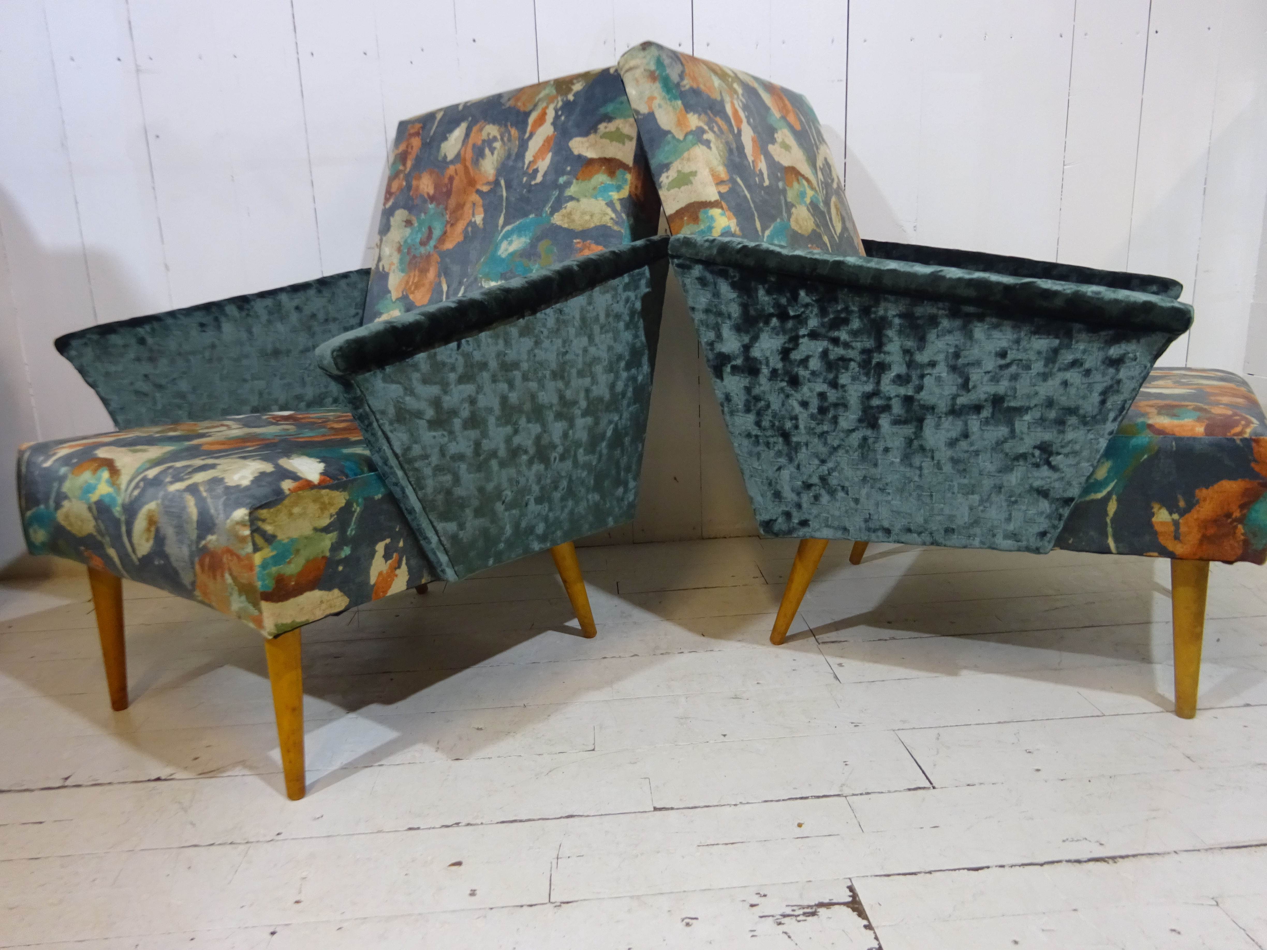 1960's lounge chairs, floral print fabrics, textured green velvet arms, limited edition chairs only from The Rare Chair Co