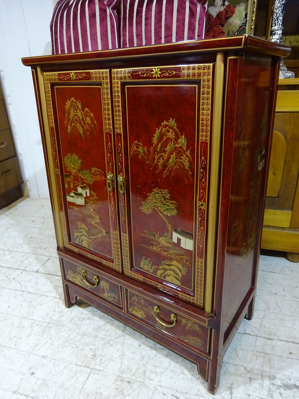 Thumbnail: Chinese retro cabinet in red lacquerer, hand crafted, hand painted, two doors, two drawers, interiors, inspired, new stock,