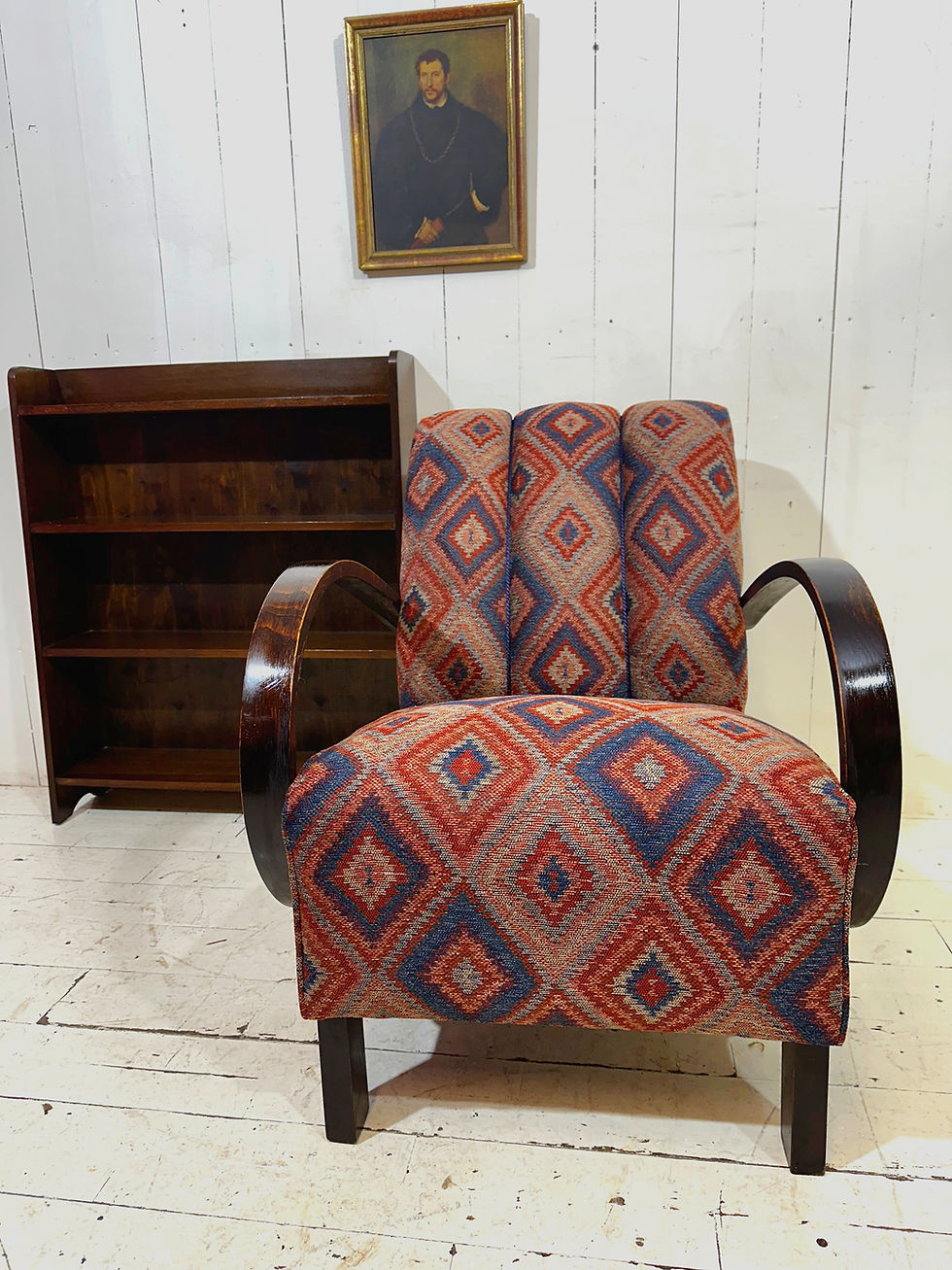 1950's Bentwood Halabala Armchair, restored and professionally upholstered, Aztec vintage pattern fabric, patina, rare chair,
