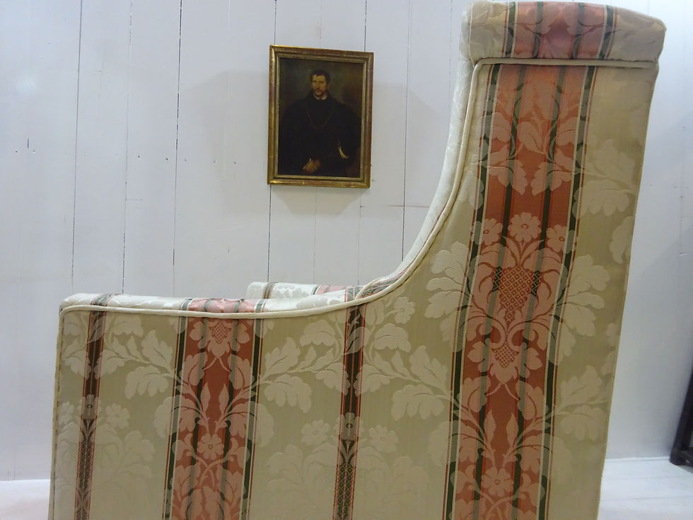 Thumbnail: Edwardian lounge chair in Belgium Damask fabric, silk and cotton, restored, sustainable furniture, upholstery chairs, love