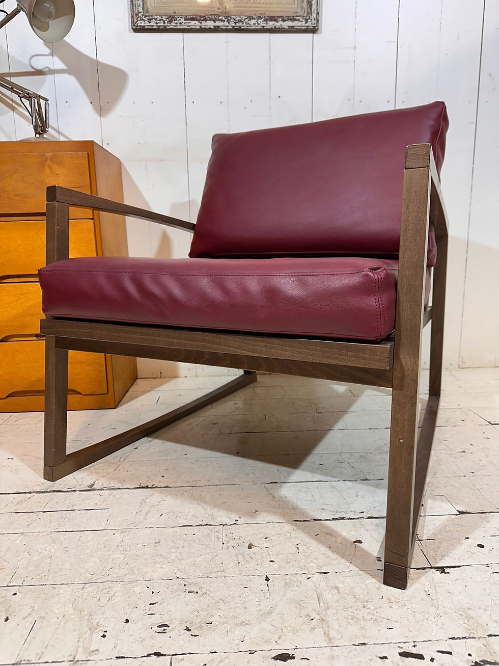 Thumbnail: Retro Lounge Chair, red leather removeable cushions, solid beech handmade frame, Andy Thornton Chair