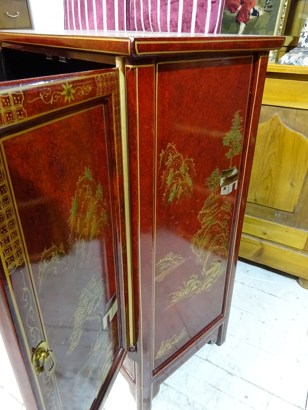 Thumbnail: Chinese retro cabinet in red lacquerer, hand crafted, hand painted, two doors, two drawers, interiors, inspired, new stock,
