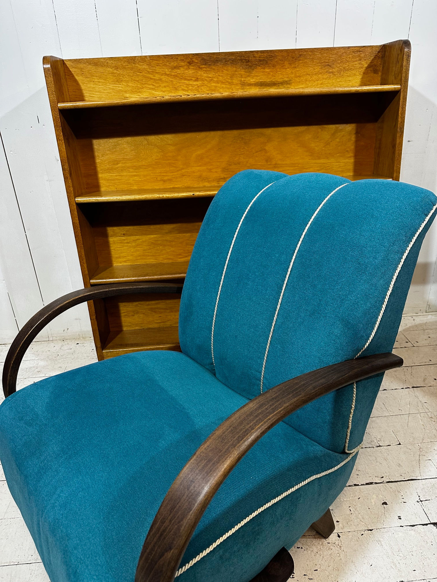 Halabala 1950's armchair in teal velvet with white piping, generously padded, bentwood armrests