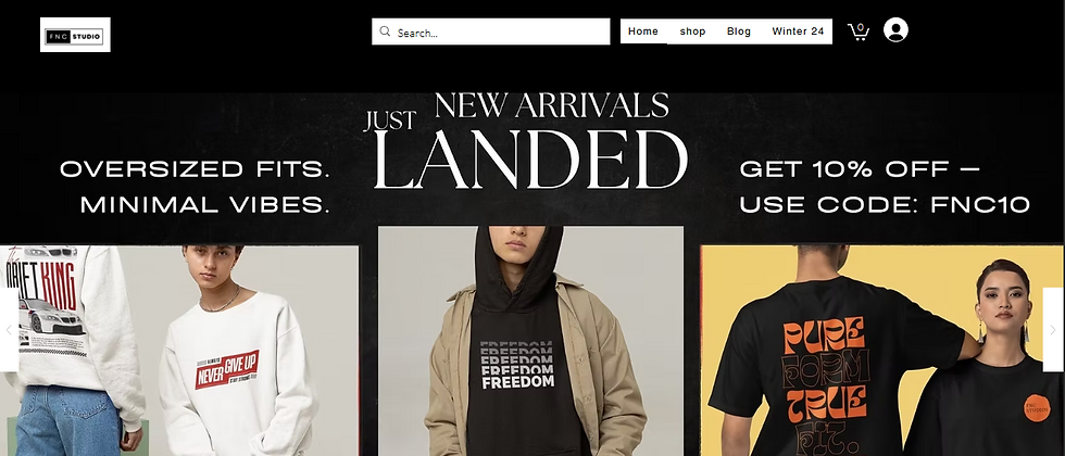 Fashion website banner with three models. Text: "New Arrivals Just Landed." Promo: "Get 10% Off—Use Code: FNC10." Dark background, bold text.