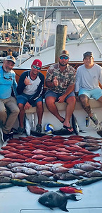 4 anglers displaying their large assorted catch using Aufden Fishing Charters' services.