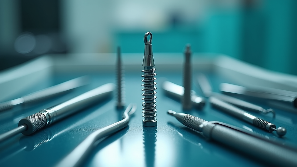 Eye-level view of dental implant surgical tools arranged on tray