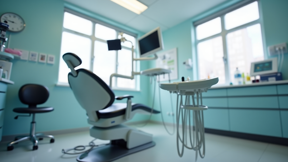 Eye-level view of dental chair and equipment in a modern clinic