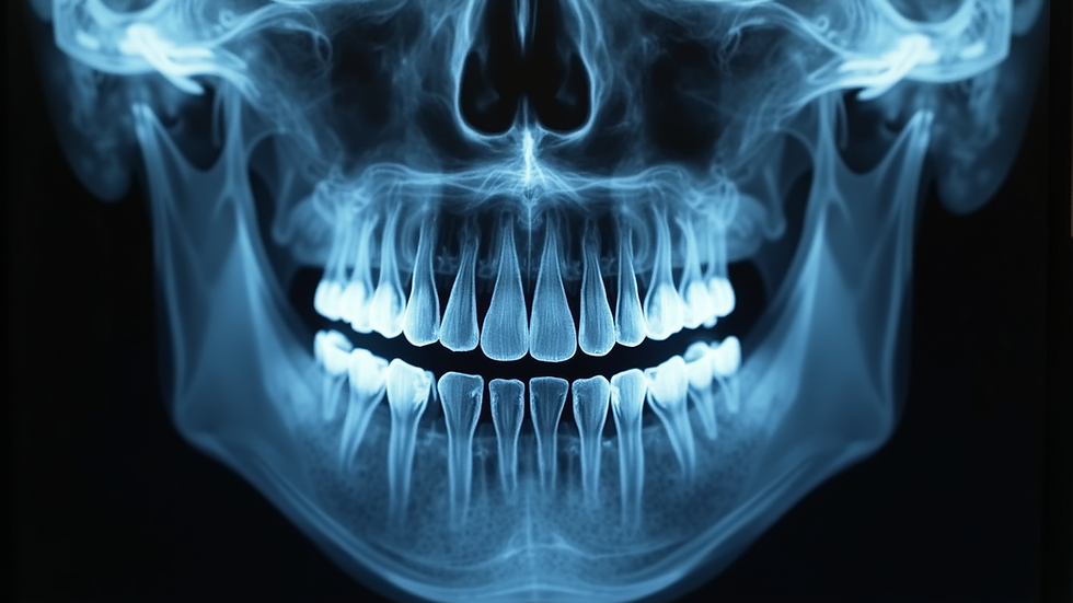 Eye-level view of dental X-ray showing jawbone structure and implant planning