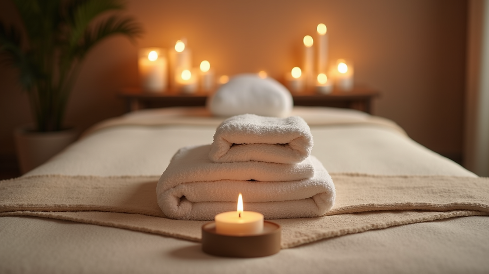 Eye-level view of a massage table with soft towels and candles