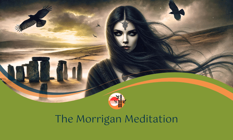 The Morrigan, long black hair blowing in the wind, with Stone Henge in the background and crowes flying above in the sky