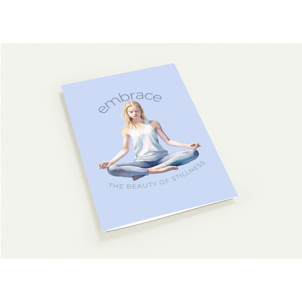 Seated woman with words embrace the stillness