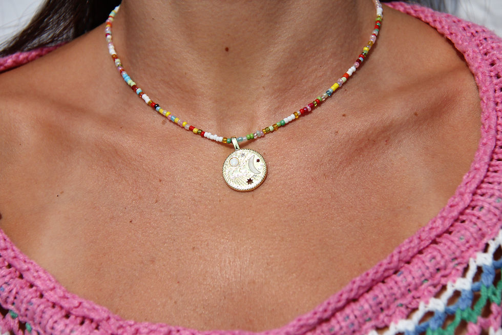 Miniature : Multicolored beaded necklace with gold-filled pendants