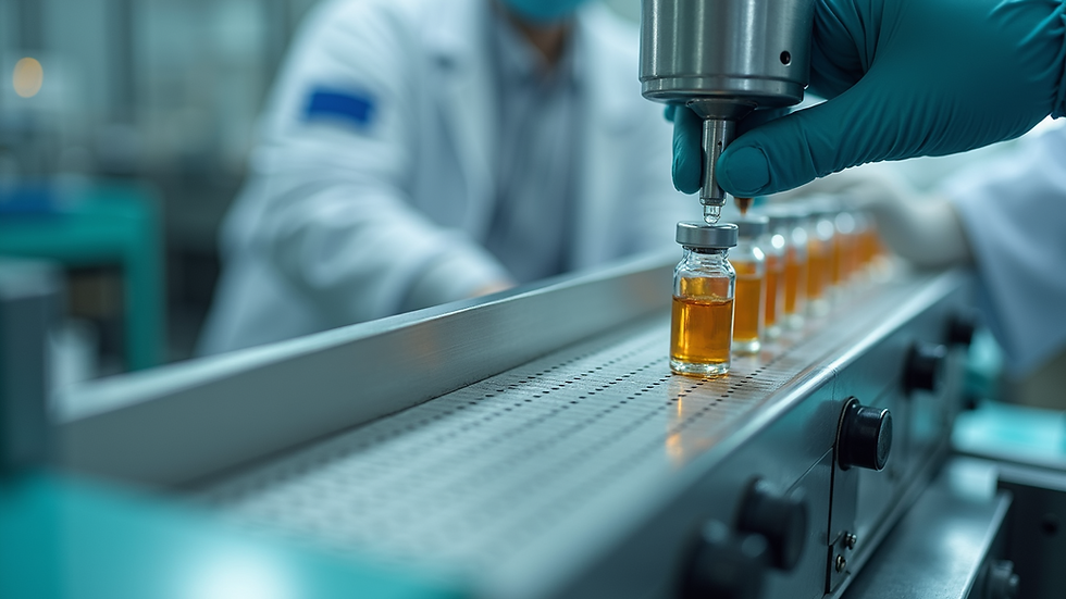 High angle view of pharmaceutical production line with ampoules being filled