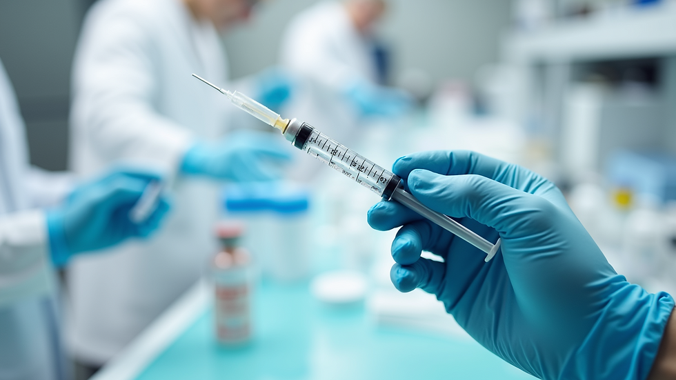 High angle view of a syringe being prepared for injection