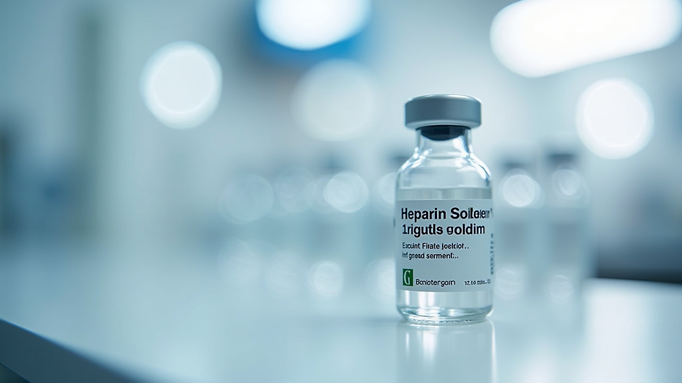 Close-up view of a sterile vial containing heparin sodium injection
