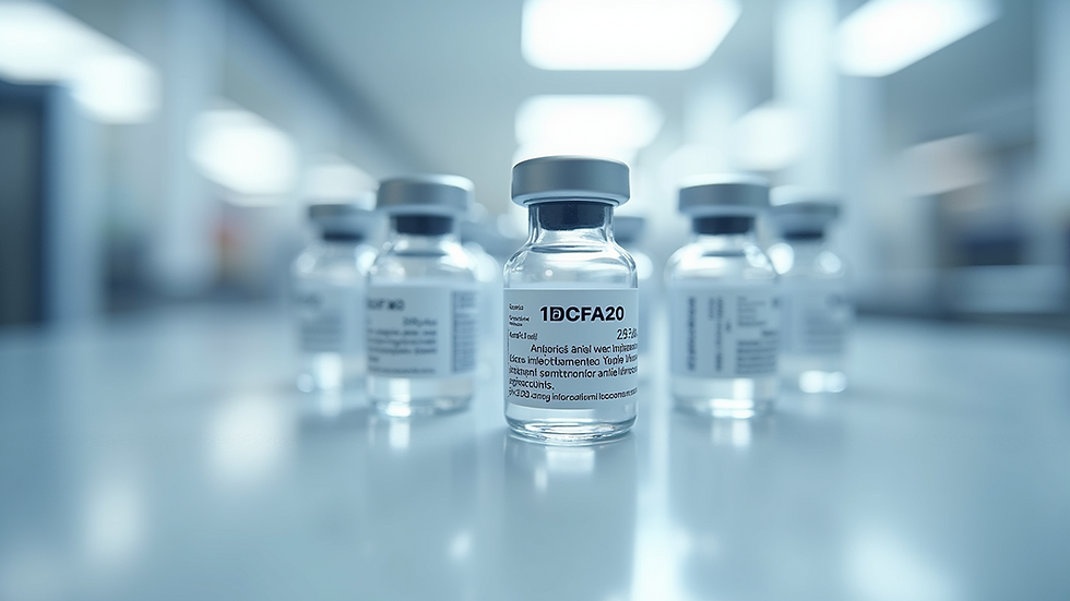Close-up view of sterile injectable vials arranged in a cleanroom environment