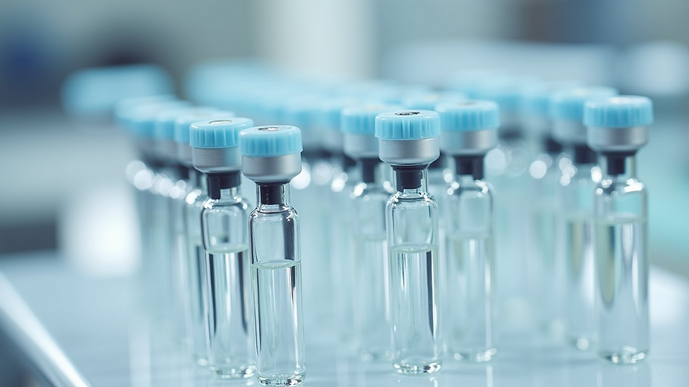 Close-up view of sterile injectable ampoules arranged in a pharmaceutical lab