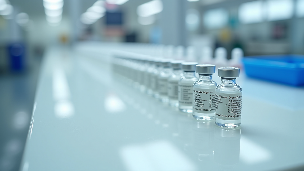 High angle view of sterile injectable vials arranged in a pharmaceutical manufacturing facility