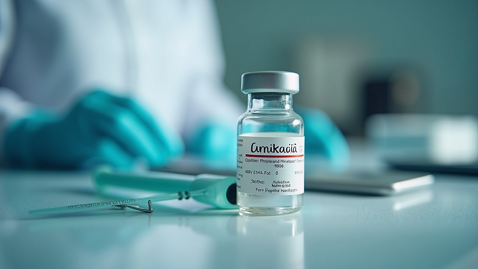 Close-up view of medical tools and amikacin vial on a table