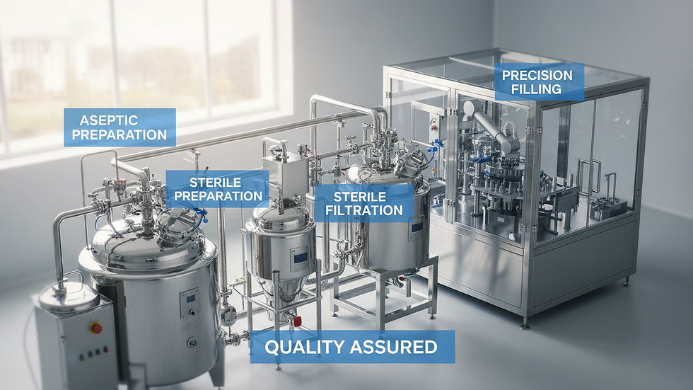 High angle view of sterile injectable manufacturing equipment in a pharmaceutical plant
