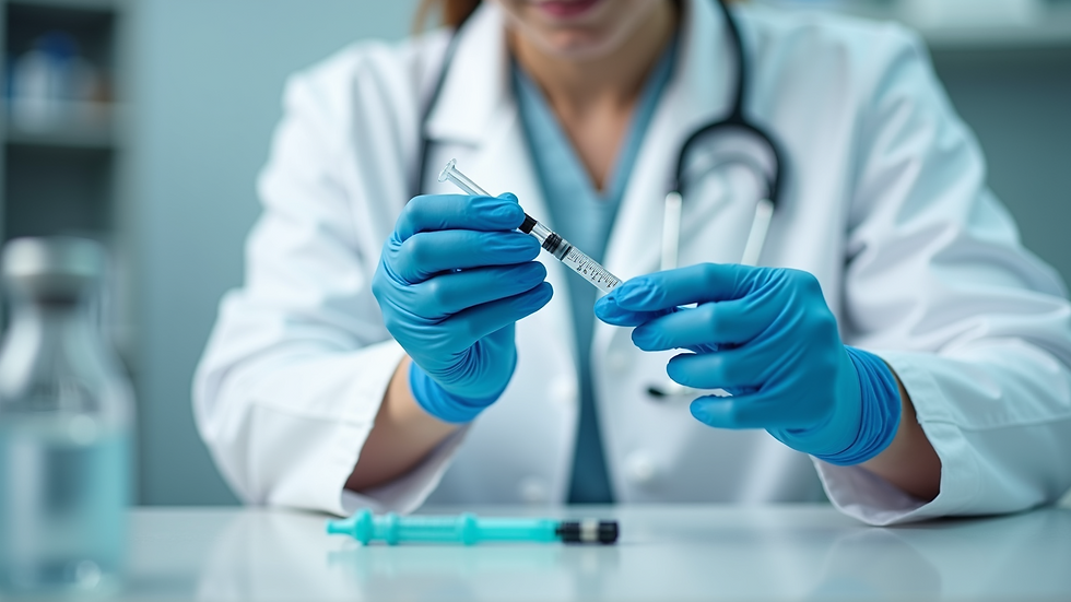 High angle view of a healthcare professional preparing an injection in a clinical setting