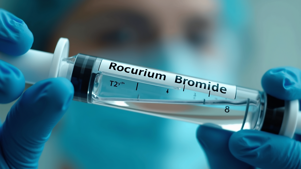 Close-up view of a medical syringe filled with Rocuronium Bromide