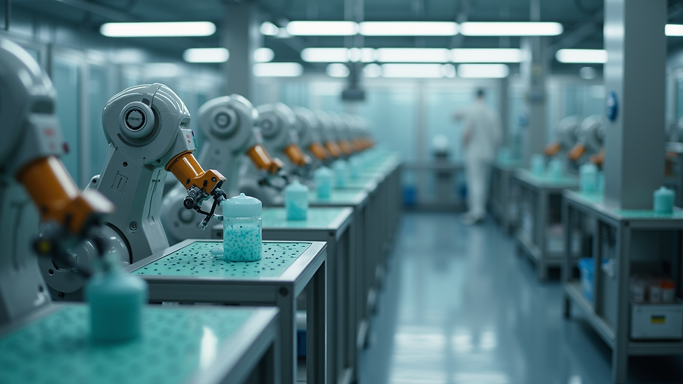 High angle view of robotic automation in a pharmaceutical plant
