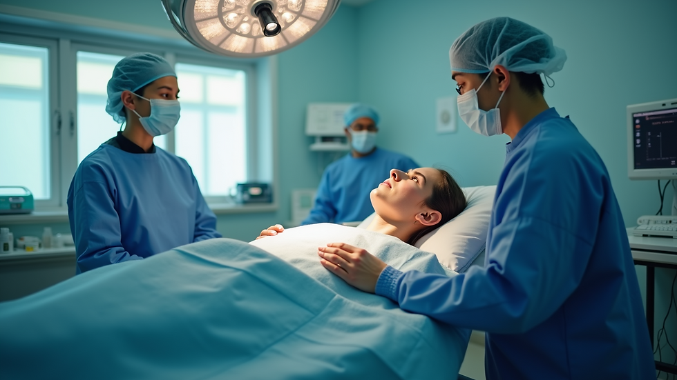 Eye-level view of a clinical setting with a patient receiving treatment