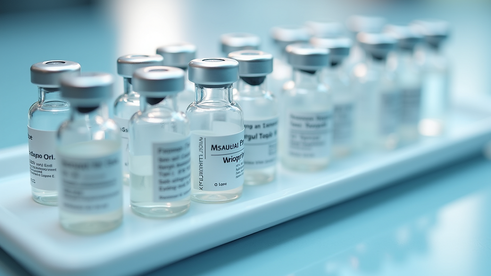 High angle view of pharmaceutical vials arranged on a sterile tray