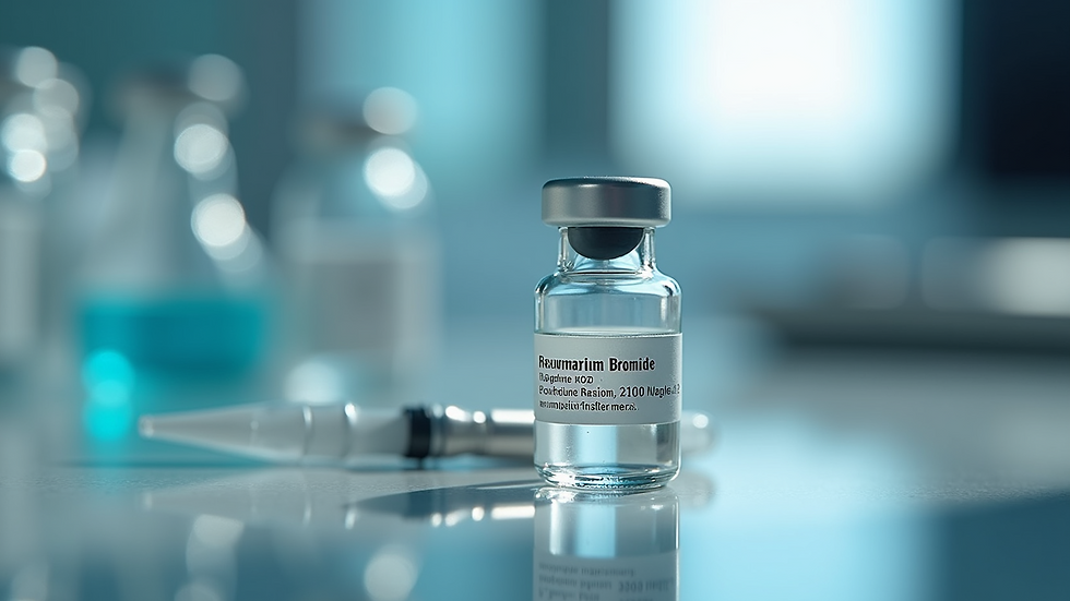 Close-up view of a glass ampoule containing Rocuronium Bromide Injection