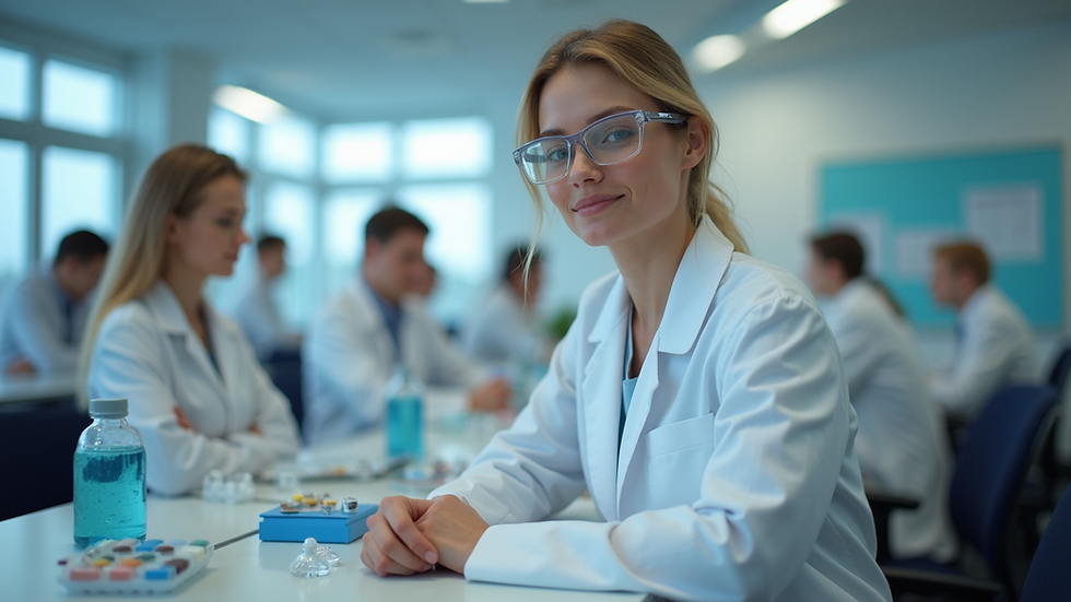 Eye-level view of a university classroom setting focused on pharmaceutical sciences