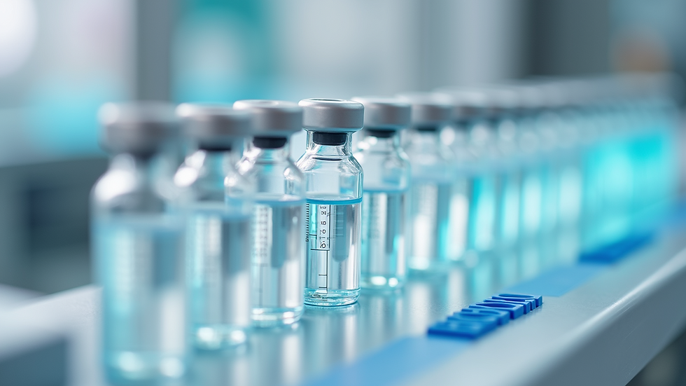Close-up view of sterile injectable vials arranged in a production line