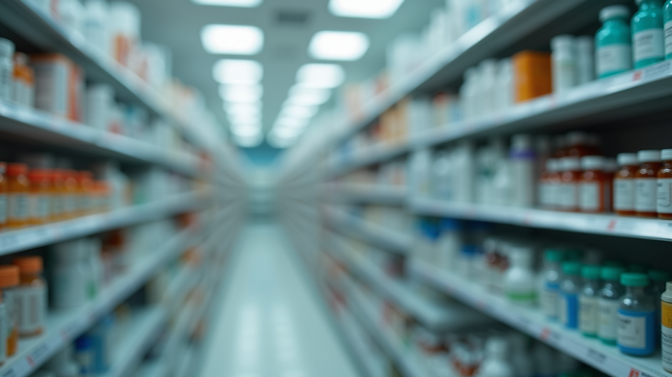 High angle view of a pharmacy shelf with antibiotic vials