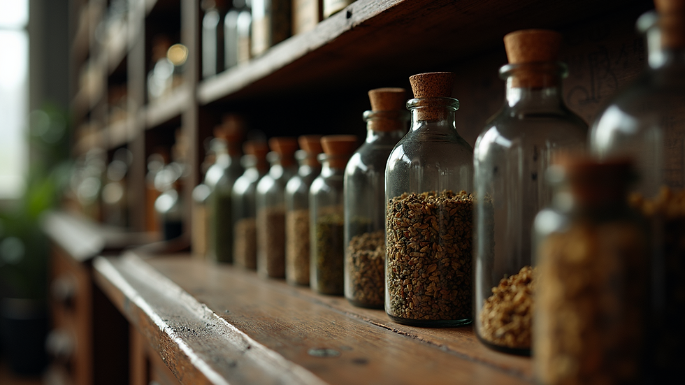 Eye-level view of an ancient apothecary cabinet filled with herbs and vials