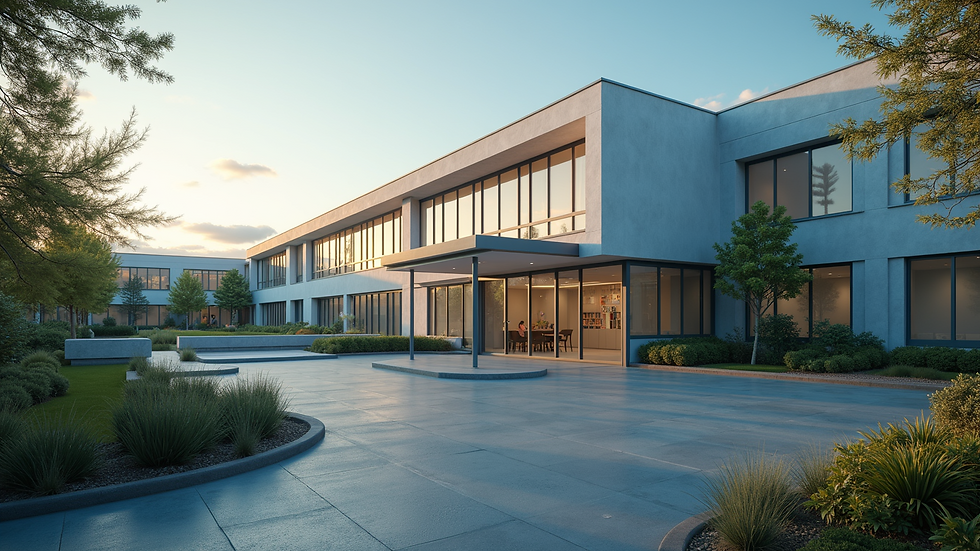 High angle view of a medical facility exterior with natural lighting