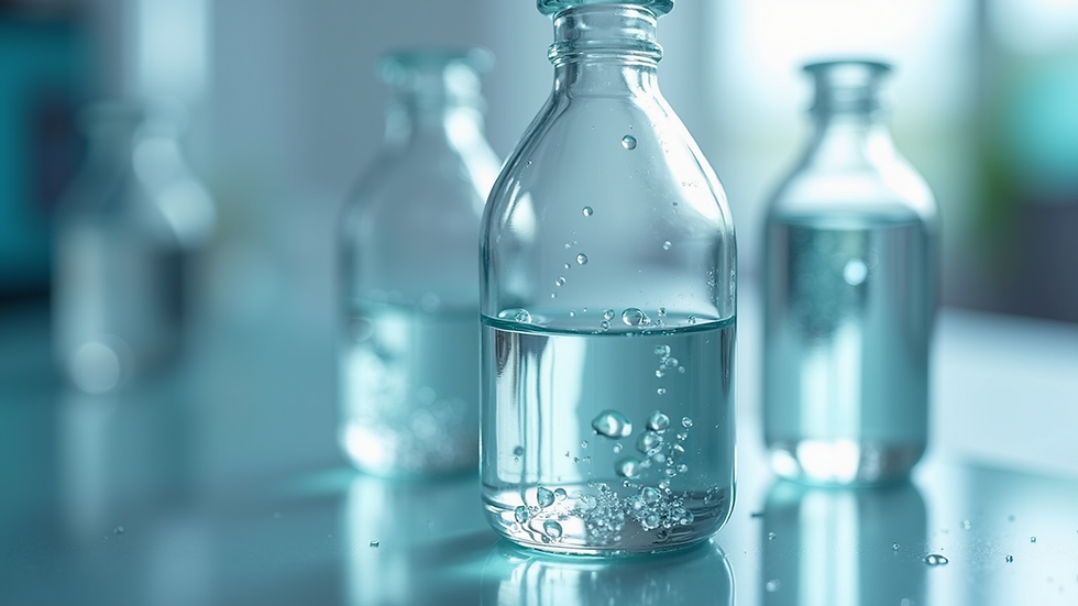 Eye-level view of clear liquid in a glass vial